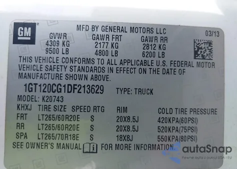 2013 GMC Sierra 2500Hd Sle z USA, uszkodzony, nr VIN 1GT120CG1DF213629